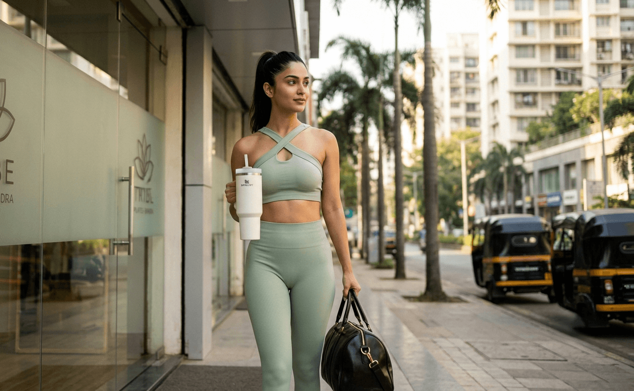 AI-generated fitness woman demonstrating a Pilates exercise